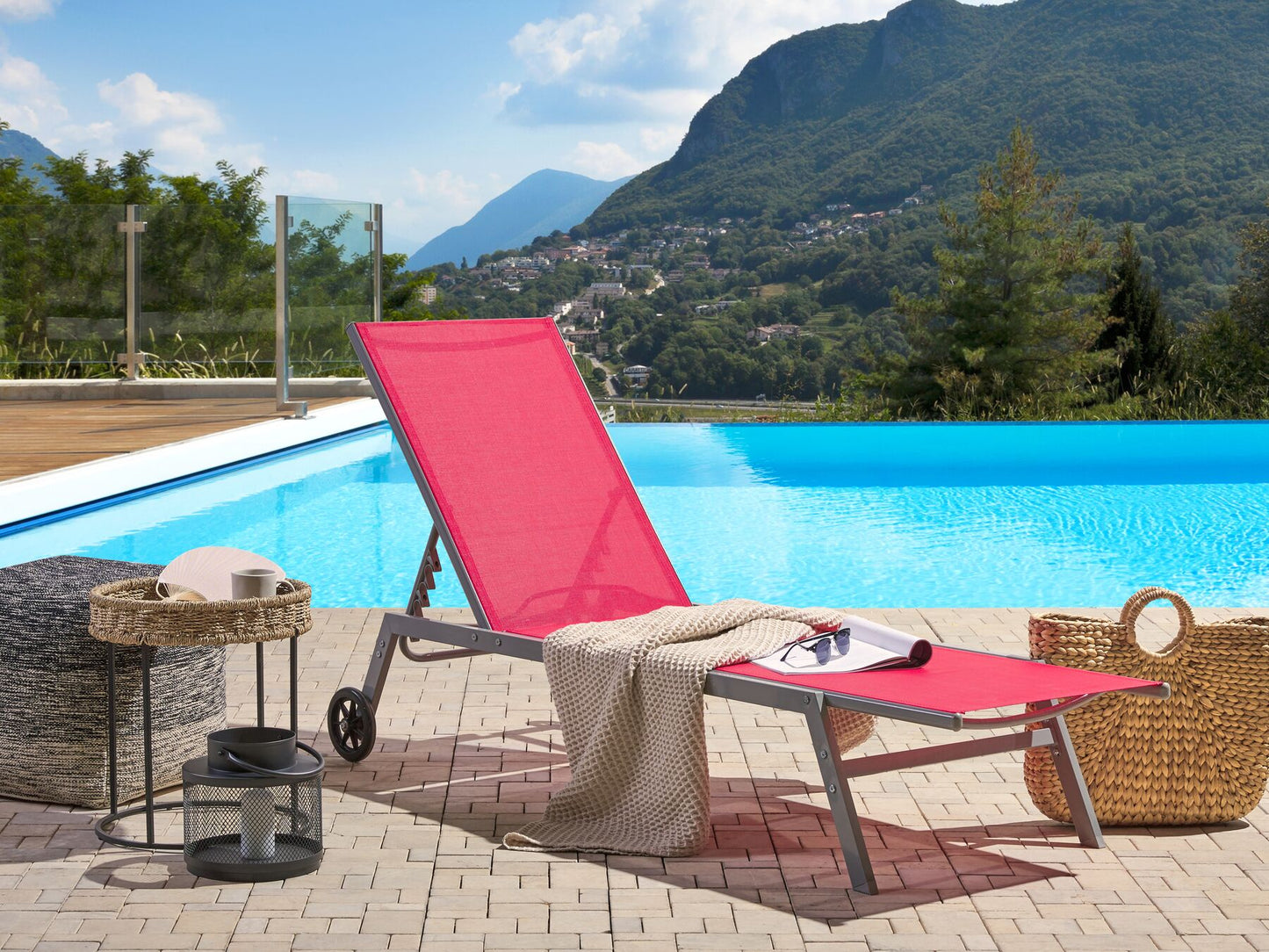 Steel Garden Sun Lounger with Wheels Red LEVANZO