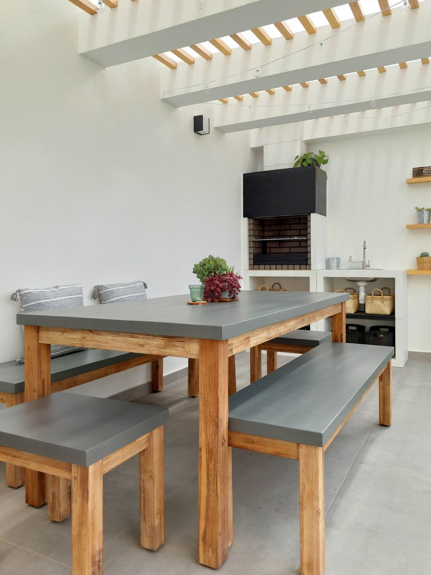 Garden Dining Set with Benches and Stools 8 Seater OSTUNI Concrete Grey