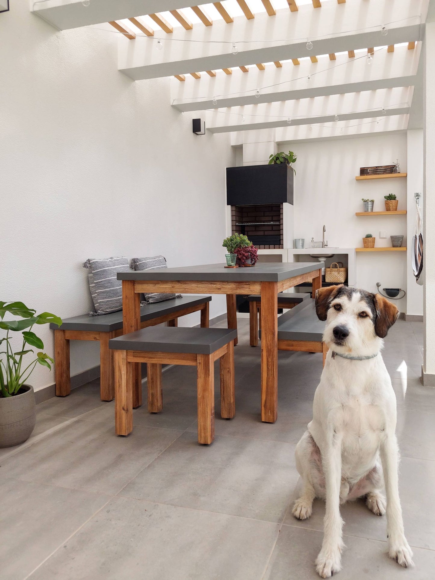 Garden Dining Set with Benches and Stools 8 Seater OSTUNI Concrete Grey