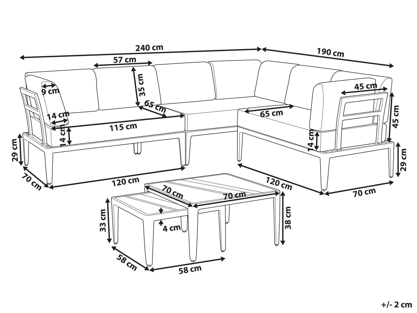 Garden Corner Sofa with Table 6 Seater RIMA III Left Hand Modular Metal Grey