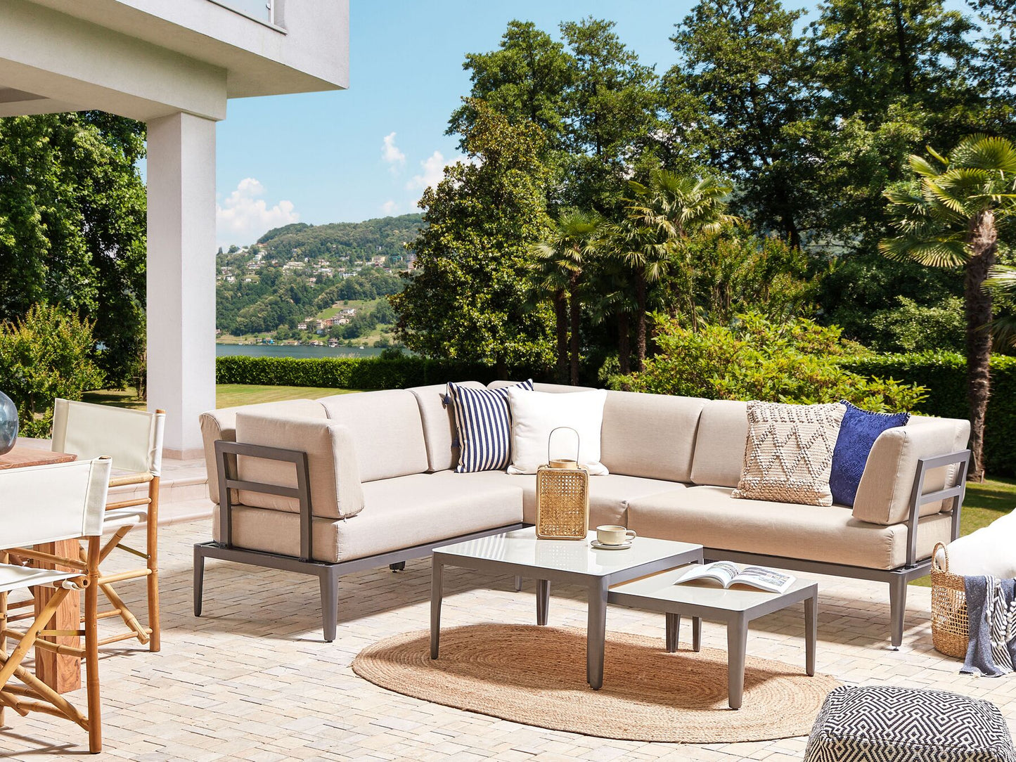Garden Corner Sofa with Table 6 Seater RIMA III Left Hand Modular Metal Beige