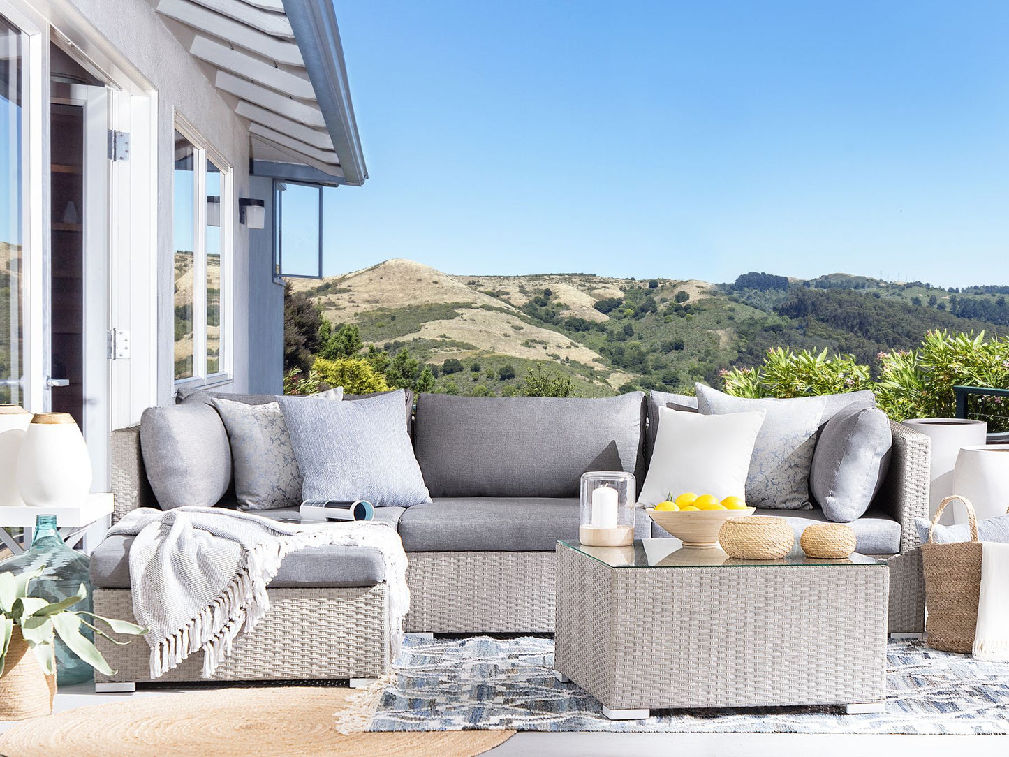 Garden Corner Sofa with Table 4 Seater SANO II Left Hand Modular PE Rattan Light Grey