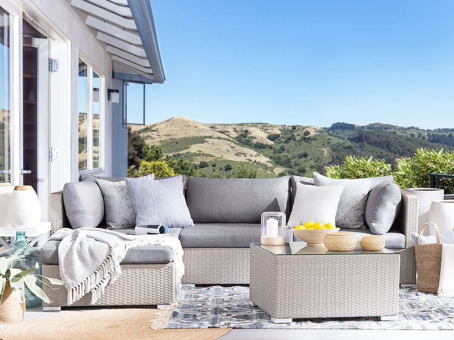 Garden Corner Sofa with Table 4 Seater SANO II Right Hand Modular PE Rattan Light Grey