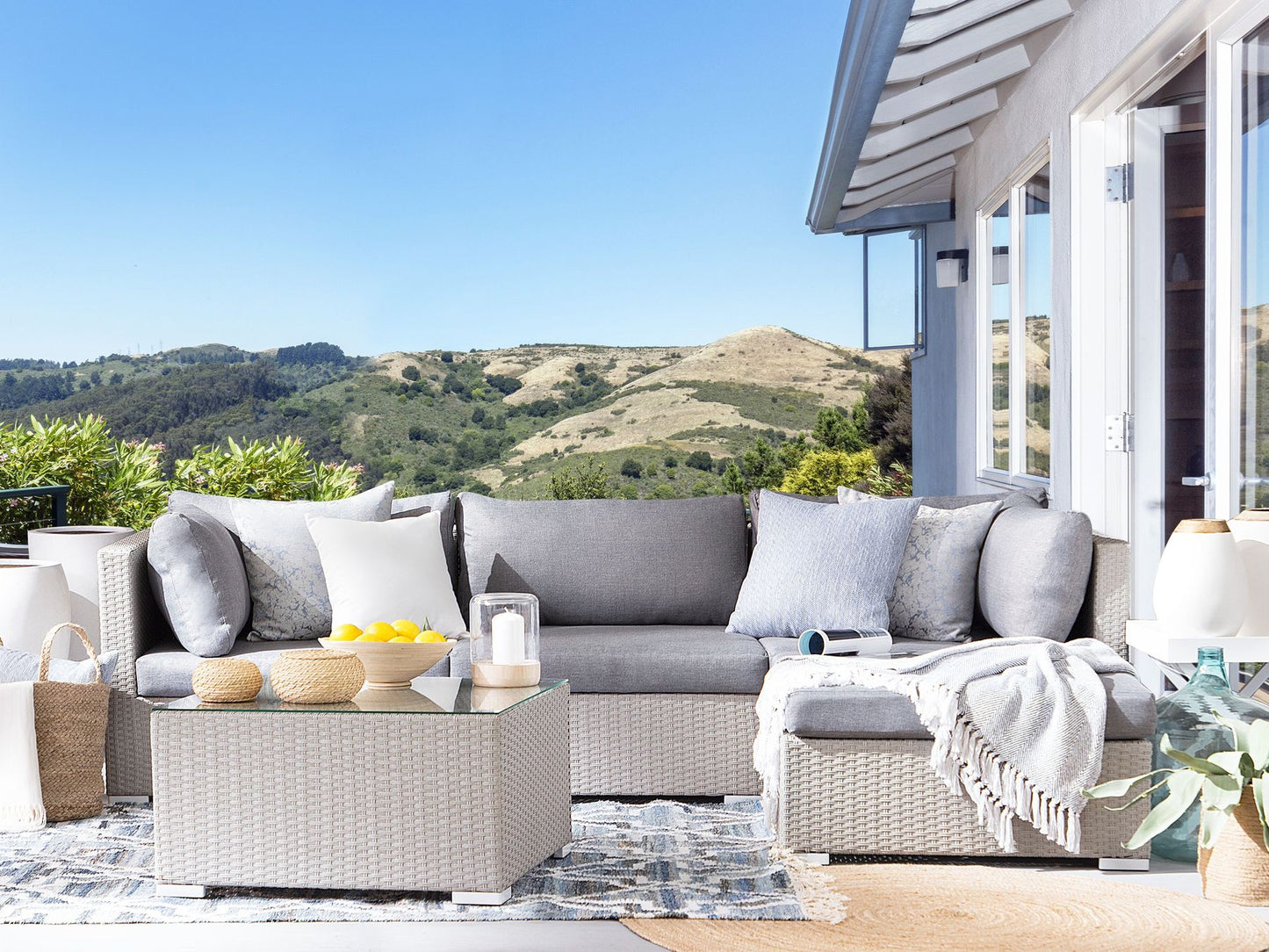 Garden Corner Sofa with Table 4 Seater SANO II Right Hand Modular PE Rattan Light Grey
