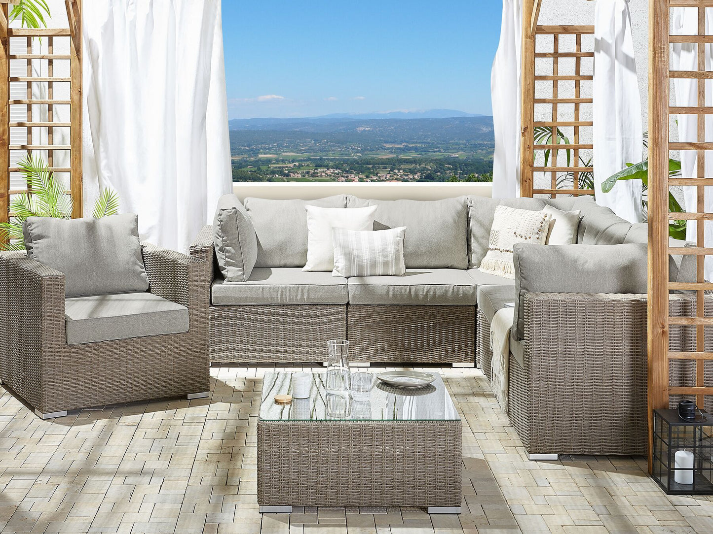 Garden Lounge Set with Table 6 Seater CONTARE Right Hand Modular PE Rattan Taupe