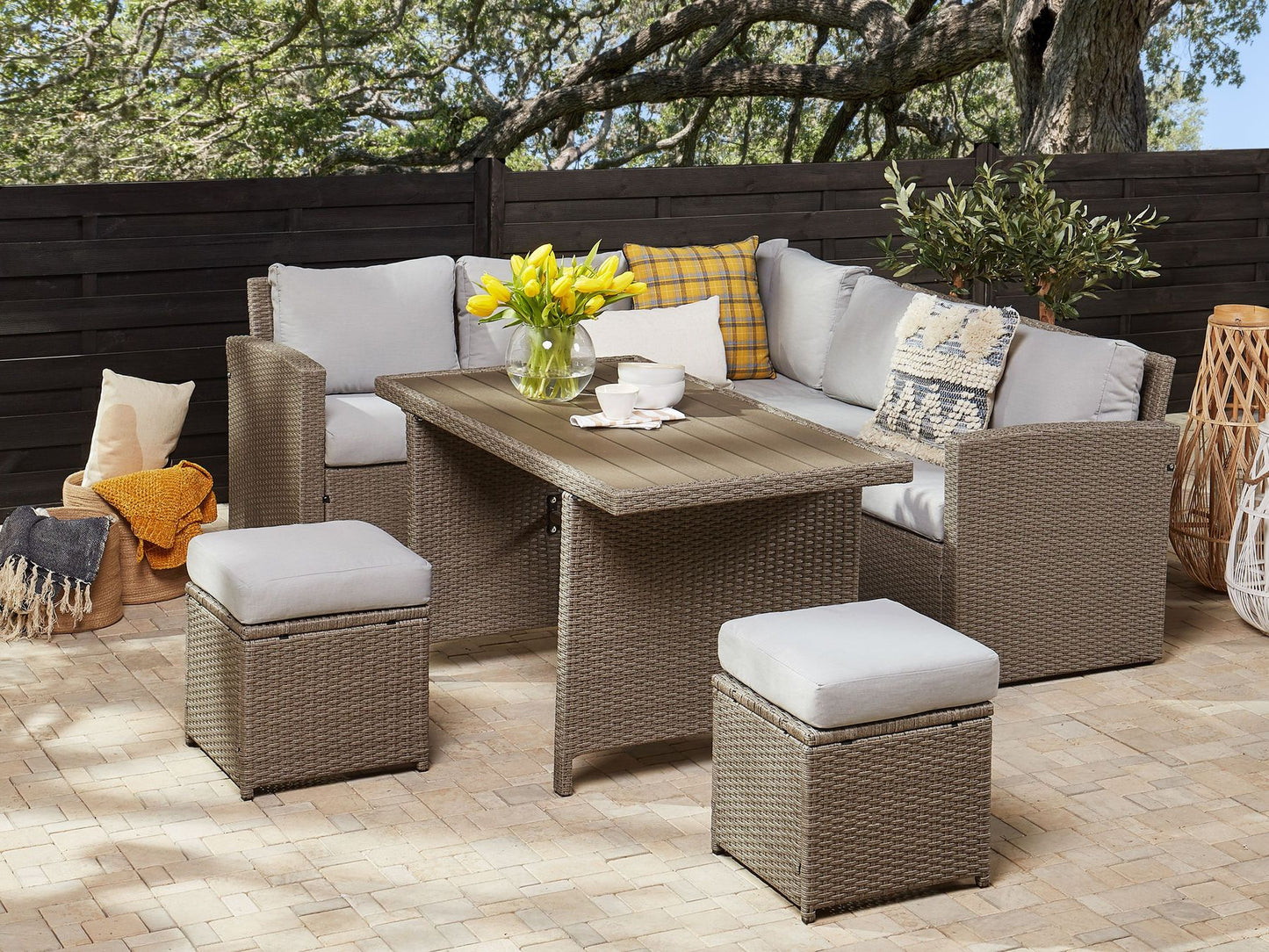 Garden Lounge Set with Table and Ottoman 5 Seater BARDI with Cushions PE Rattan Taupe