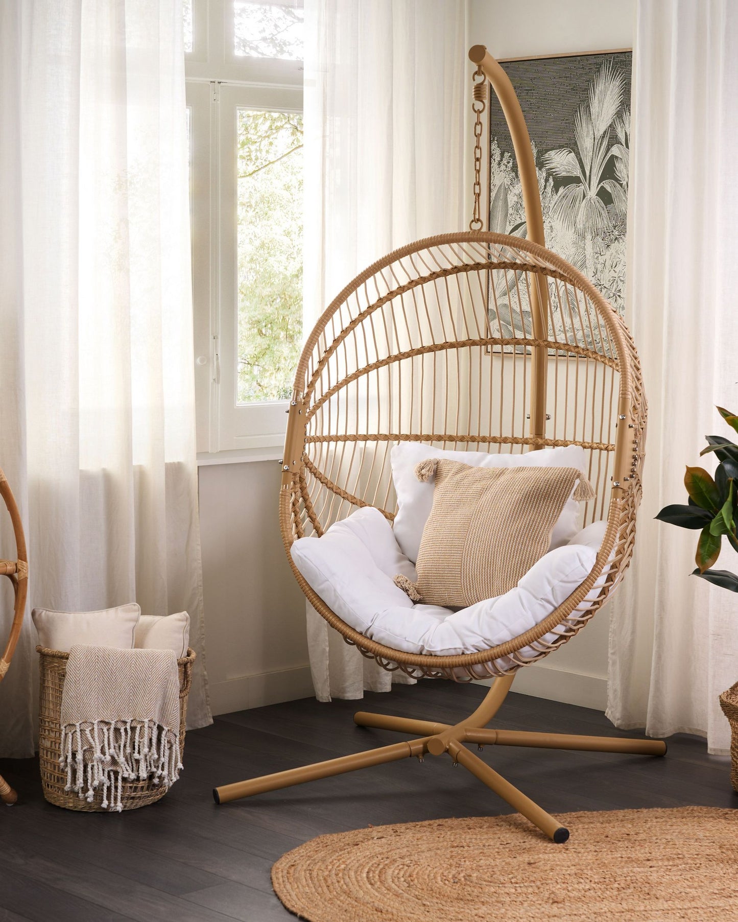 Hanging Chair with Stand Rattan Beige