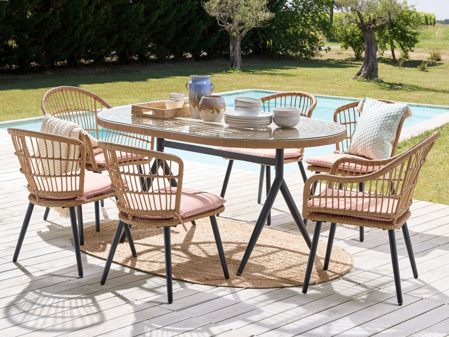 Garden Dining Set 6 Seater ALIANO with Cushions PE Rattan Pastel Pink