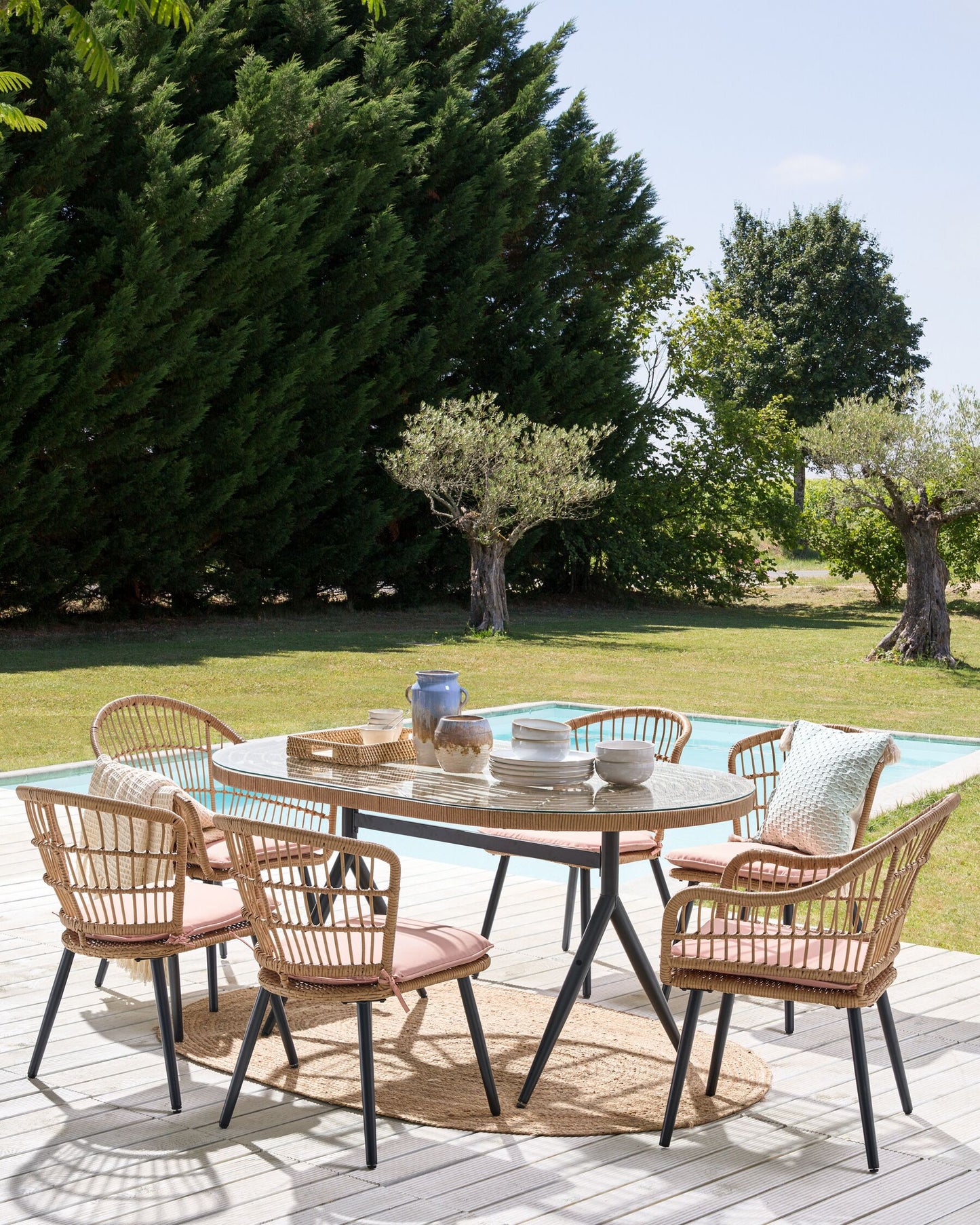 Garden Dining Set 6 Seater ALIANO with Cushions PE Rattan Pastel Pink