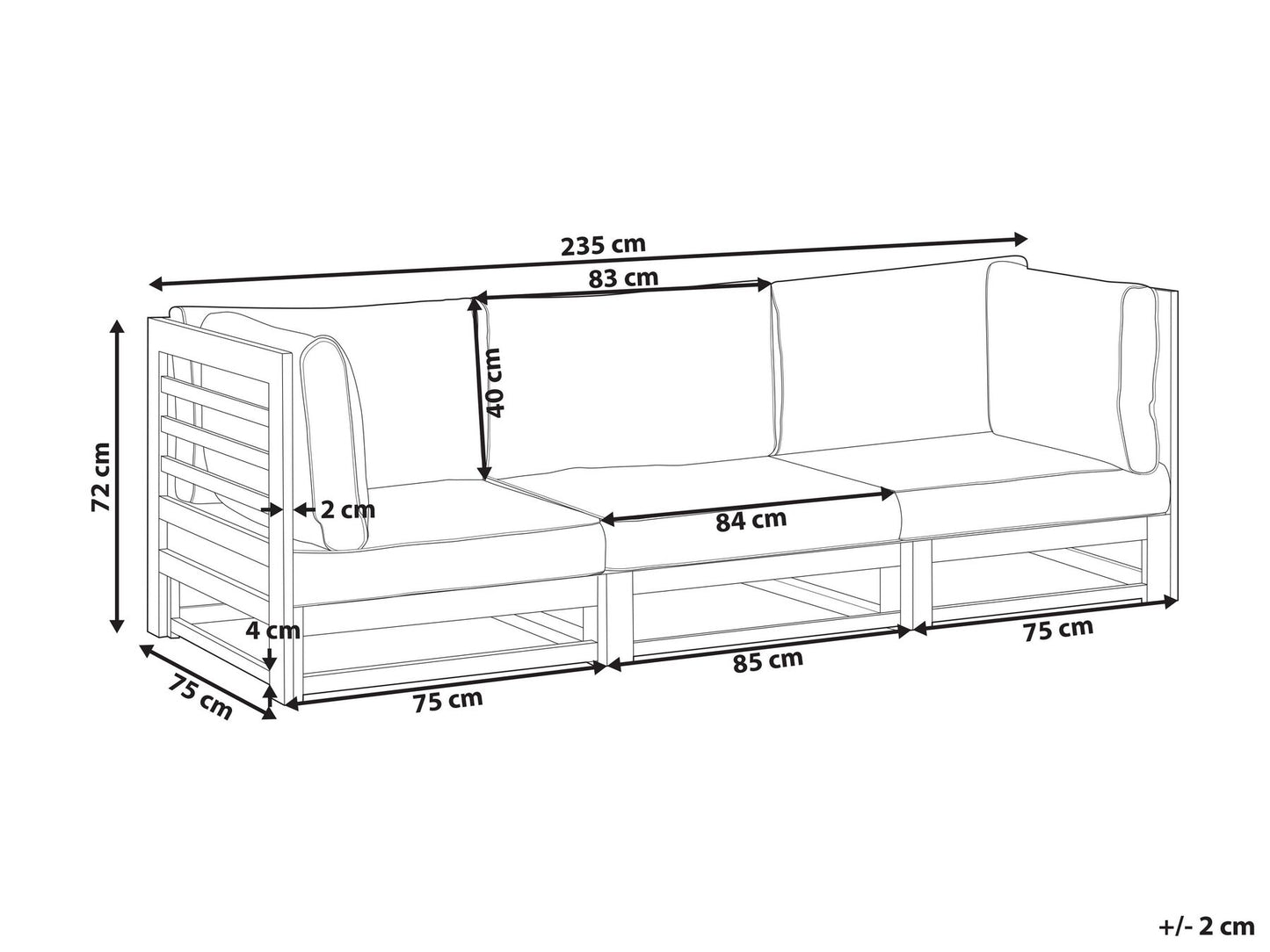 Garden Sofa 3 Seater TRANI Modular Certified Acacia Wood Dark Brown