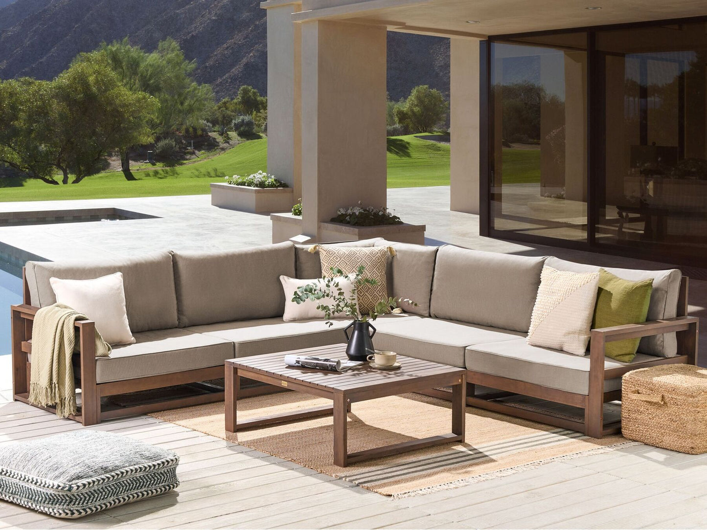 Garden Corner Sofa with Table 5 Seater TIMOR Modular Certified Acacia Wood Dark Brown
