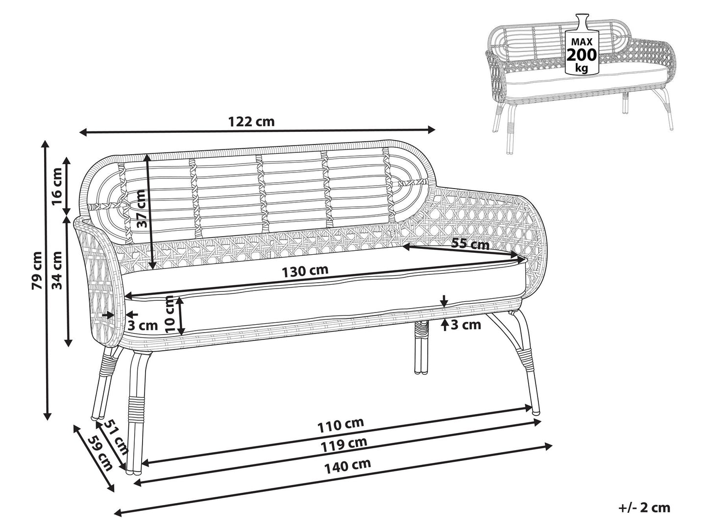 Garden Sofa 2 Seater PRATELLO PE Rattan Natural