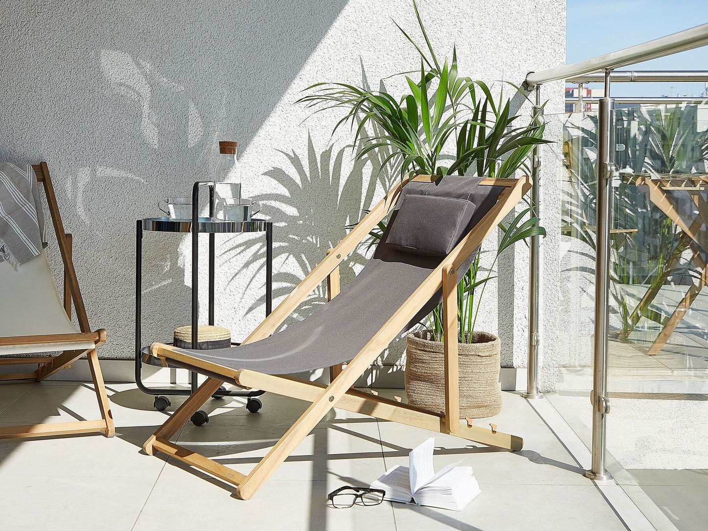 Folding Deck Chair AVELLINO with Replacement Fabrics Acacia Wood Dark Brown