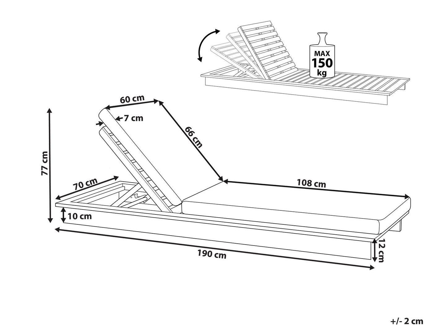 Wooden Reclining Sun Lounger with Cushion Off-White GRANARI