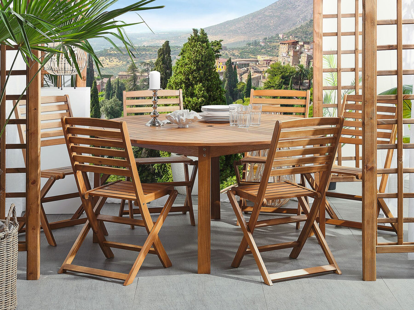 Garden Dining Set 6 Seater TOLVE with Parasol (12 Options) Acacia Wood Brown