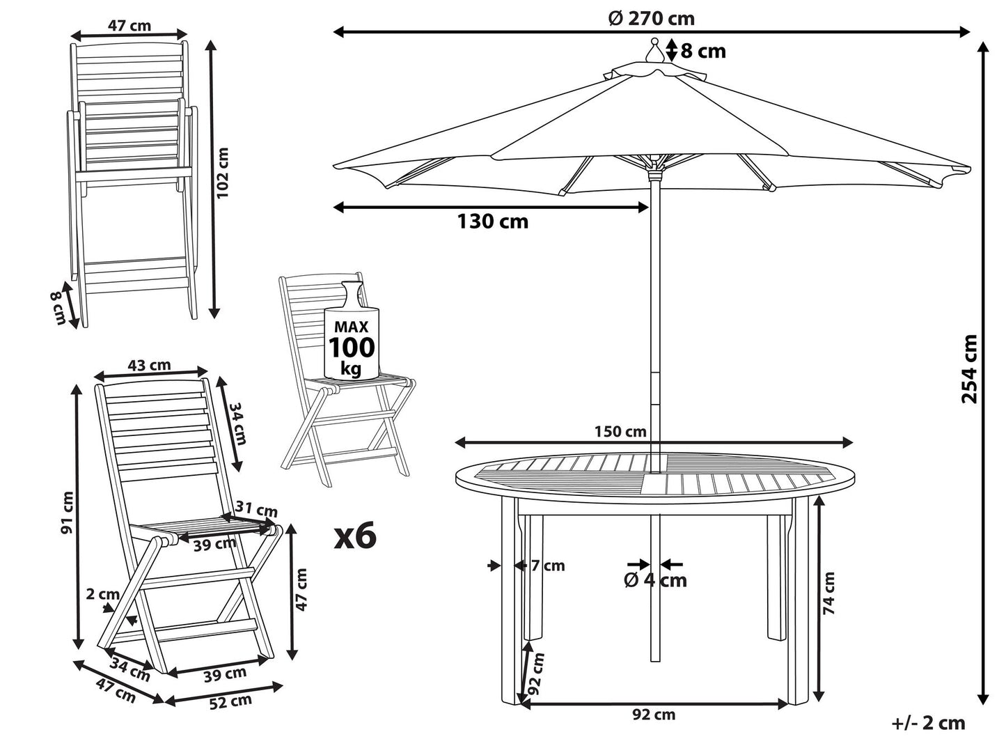 Garden Dining Set 6 Seater TOLVE with Parasol (12 Options) Acacia Wood Brown