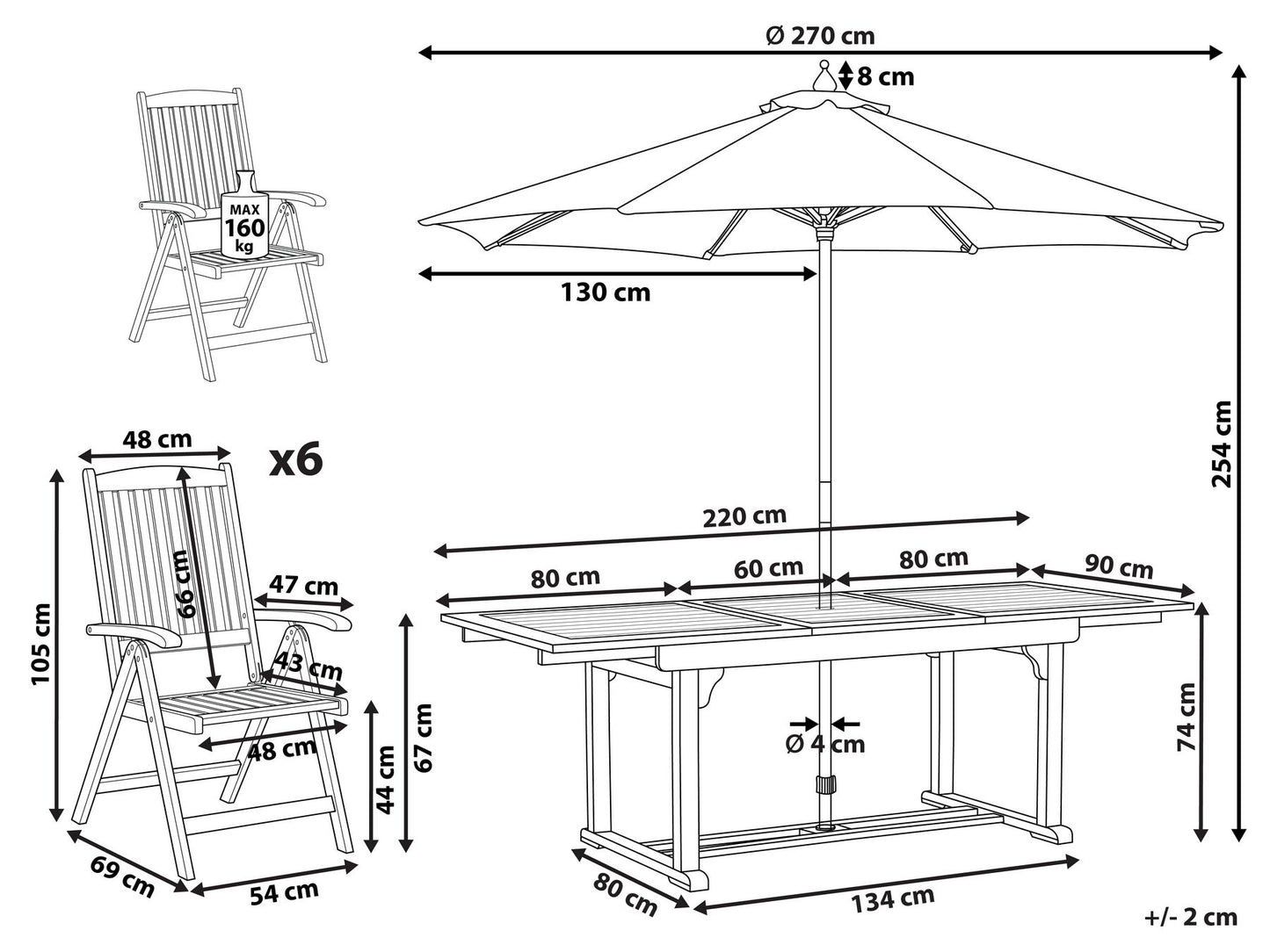 Garden Dining Set 6 Seater JAVA with Parasol (12 Options) Acacia Wood Light Brown