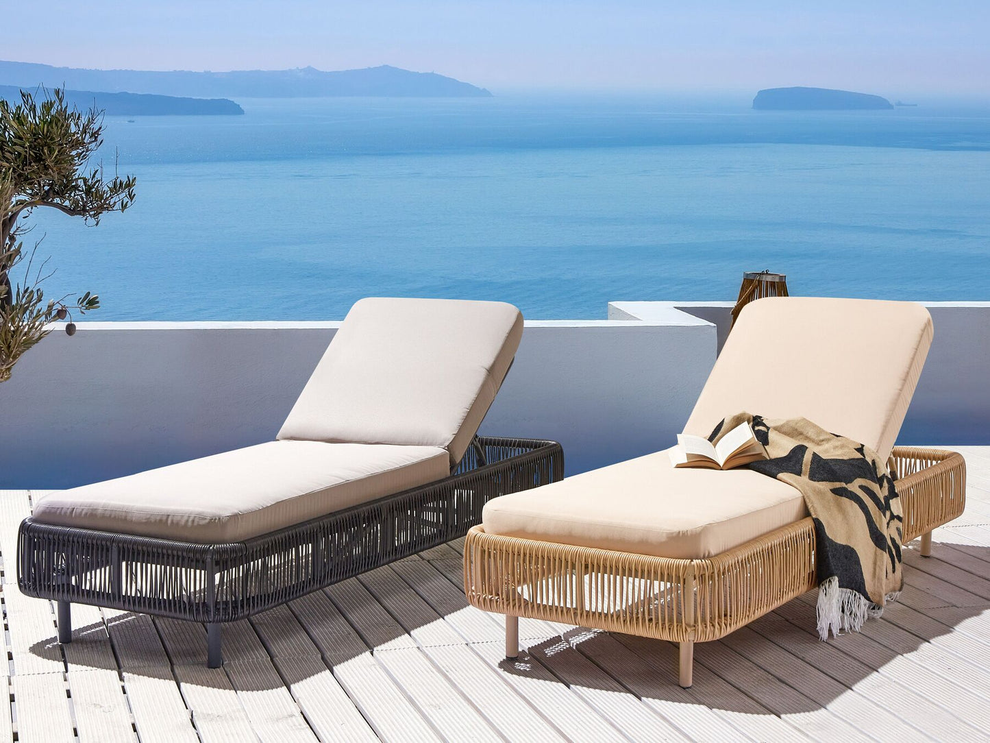 PE Rattan Reclining Sun Lounger Beige OSINI
