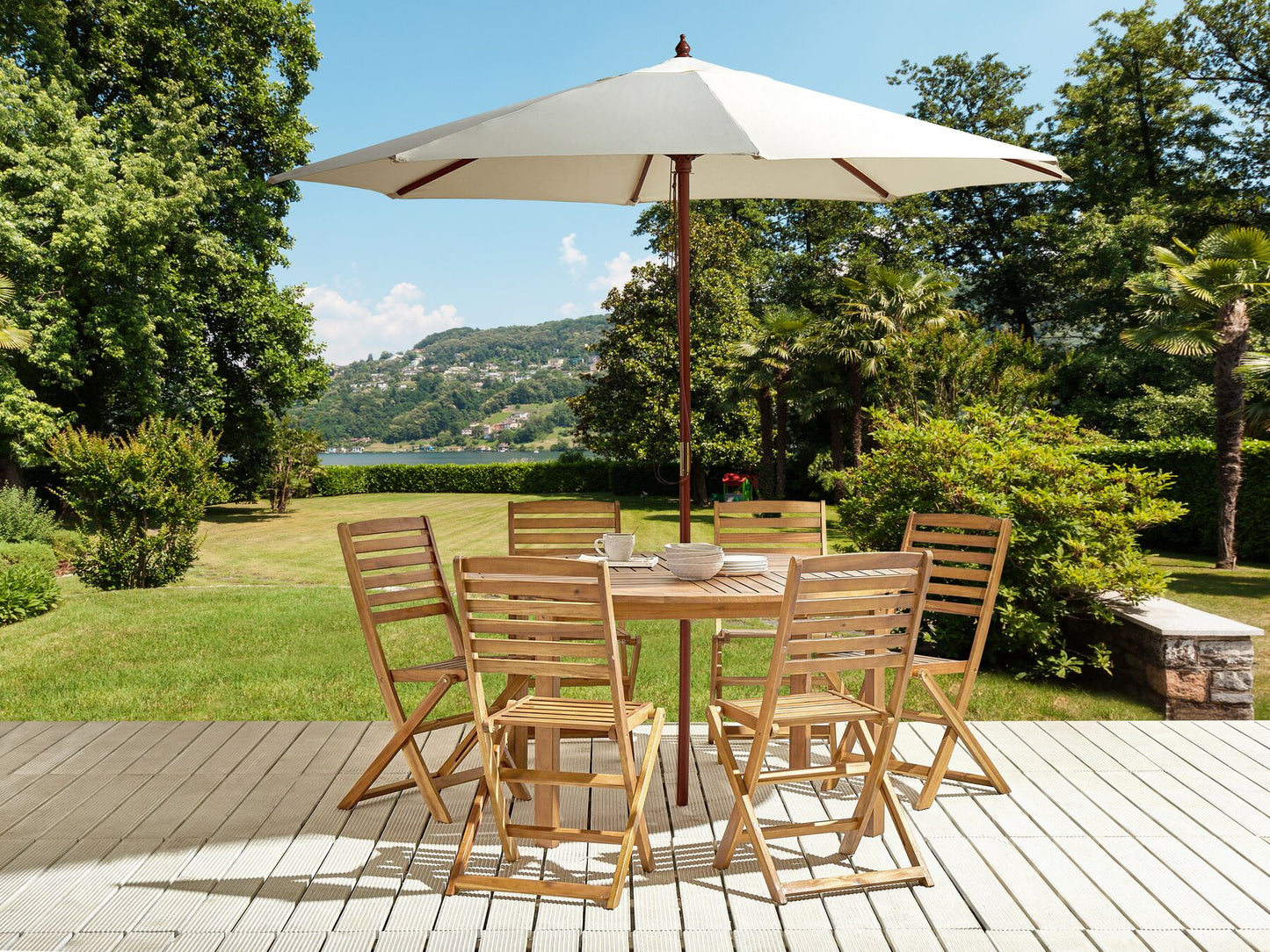 Garden Dining Set 6 Seater TOLVE with Parasol (12 Options) Acacia Wood Brown