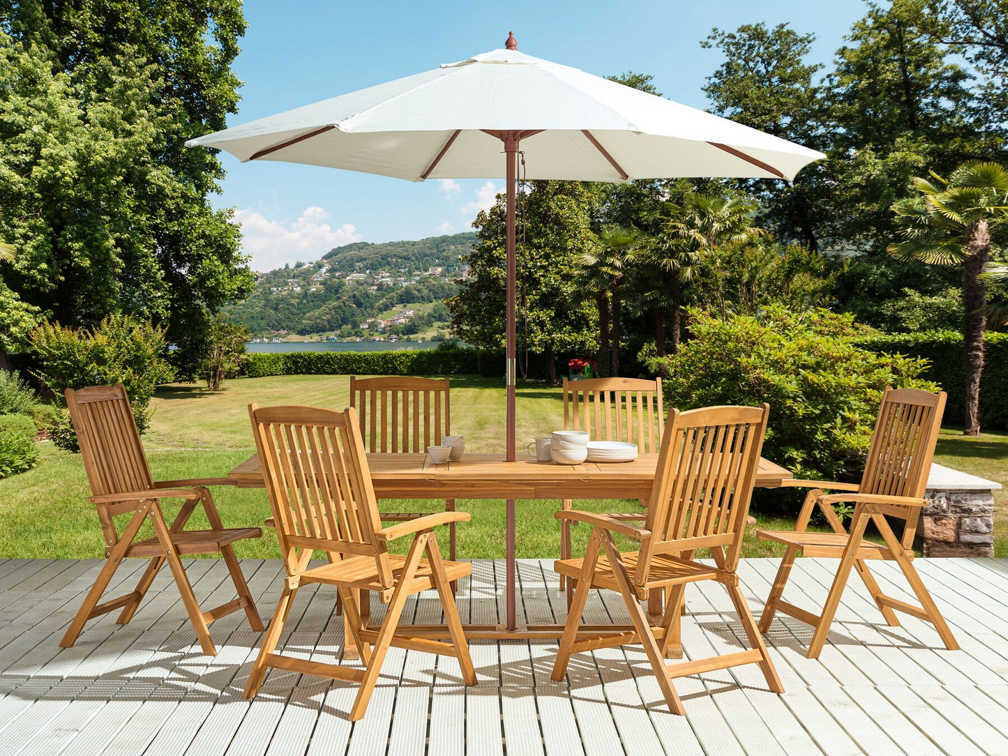 Garden Dining Set 6 Seater JAVA with Parasol (12 Options) Acacia Wood Light Brown