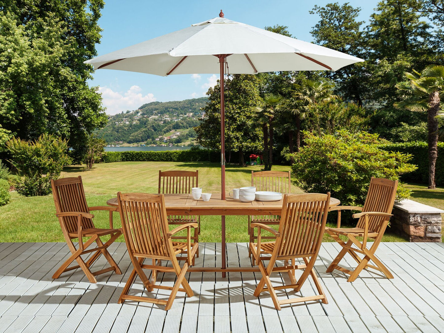 Garden Dining Set 6 Seater MAUI with Parasol (12 Options) Acacia Wood Light Brown