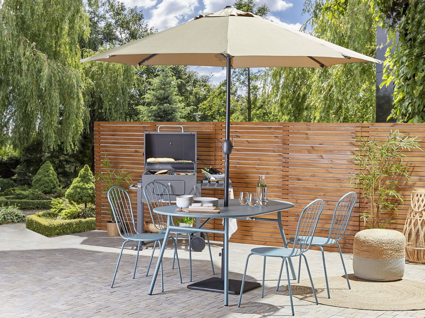 Garden Dining Set 4 Seater CALVI with Parasol (16 Options) Metal Light Blue