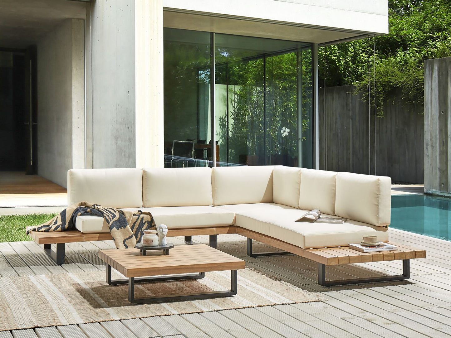 Garden Corner Sofa with Table 5 Seater MYKONOS Right Hand Certified Acacia Wood Off-White