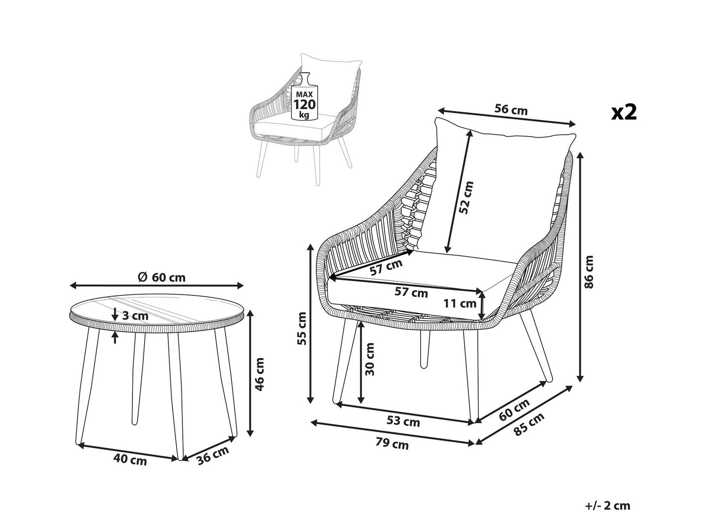 Bistro Set with Cushions LAURETO PE Rattan Grey