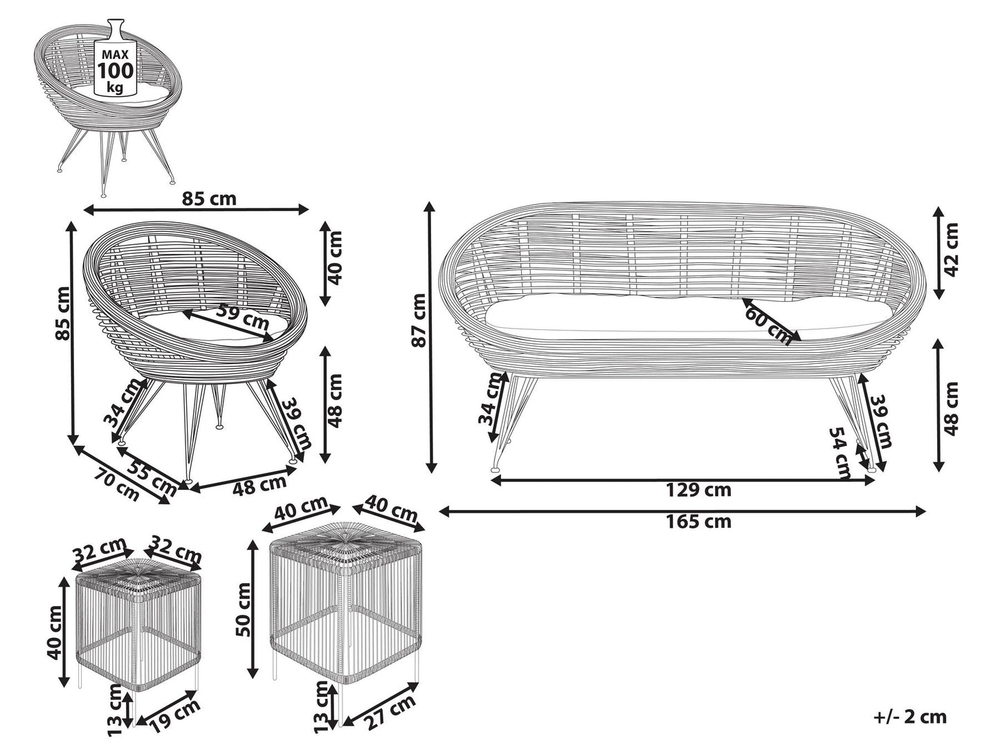 Garden Lounge Set with Table 3 Seater MARATEA/CESENATICO Rattan Natural