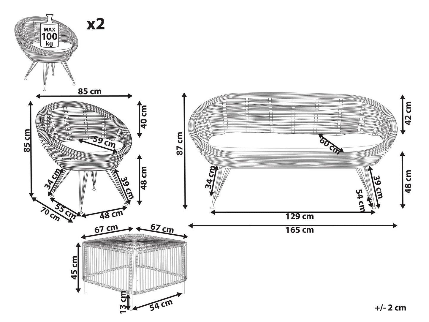 Garden Lounge Set with Table 4 Seater MARATEA/CESENATICO Rattan Natural