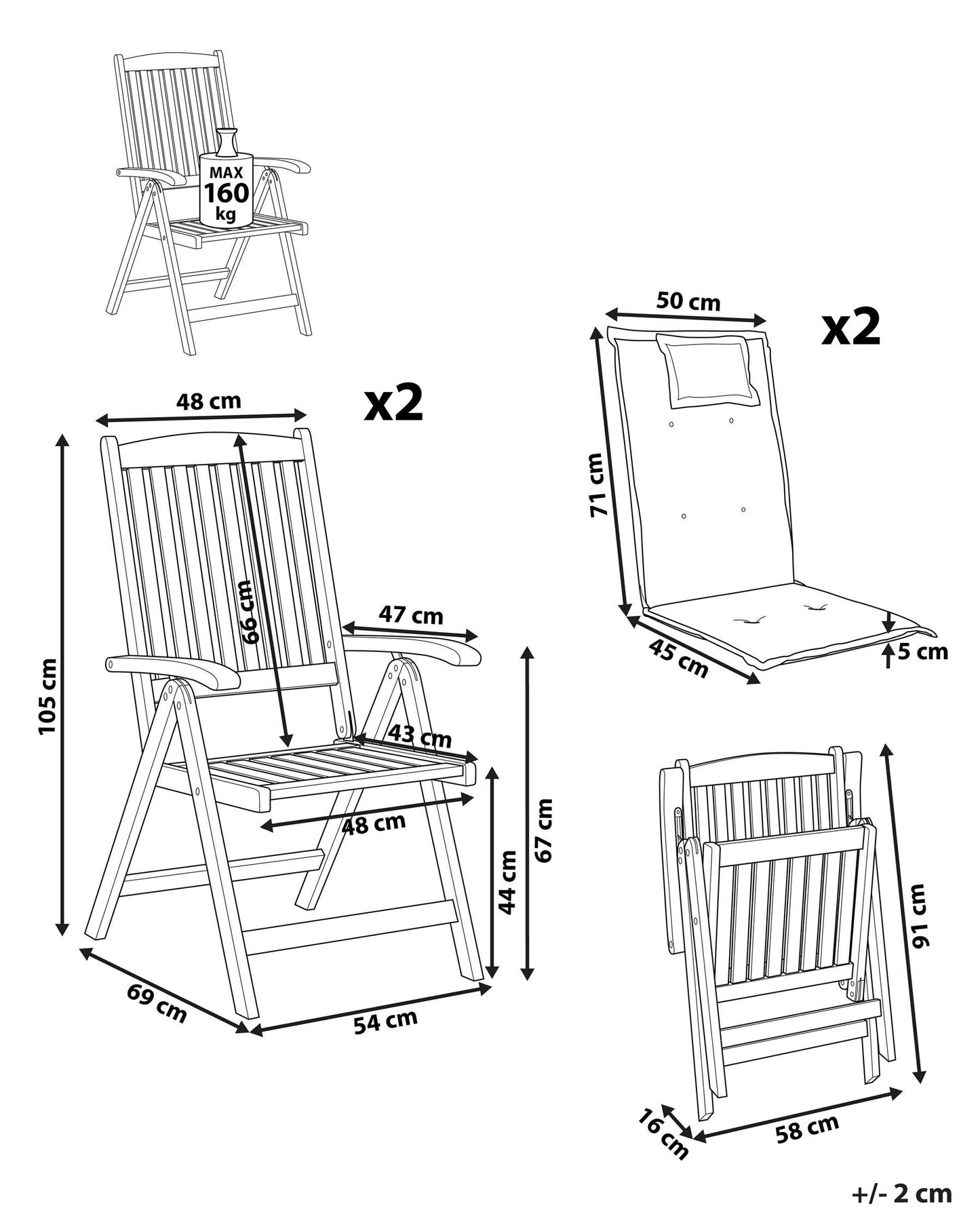 Set of 2 Garden Chairs with Cushions AMANTEA Acacia Wood Off-White