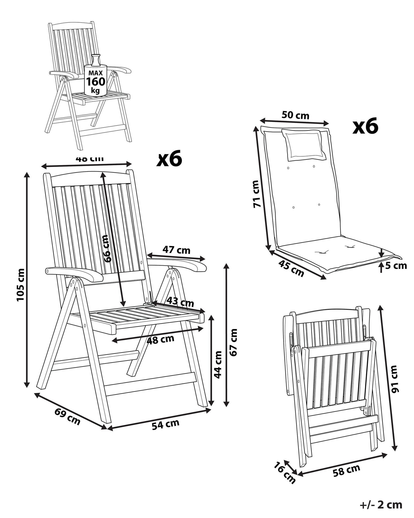 Set of 6 Garden Chairs with Cushions AMANTEA Acacia Wood Off-White