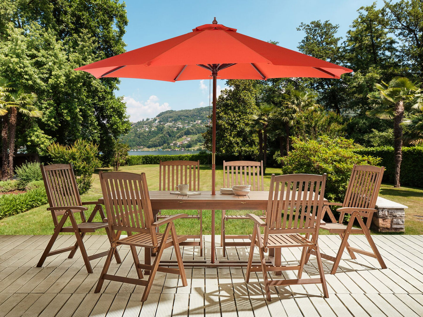 Garden Dining Set 6 Seater AMANTEA with Parasol Acacia Wood Red