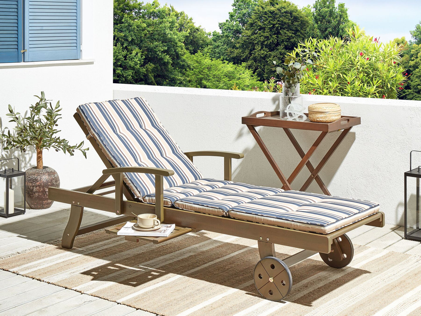Acacia Wood Reclining Sun Lounger with Striped Blue Cushion AMANTEA