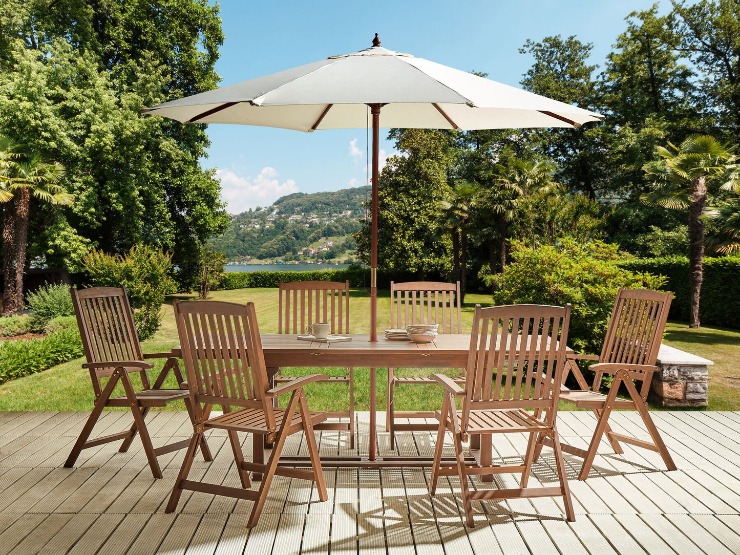 Garden Dining Set 6 Seater AMANTEA with Parasol Acacia Wood Beige
