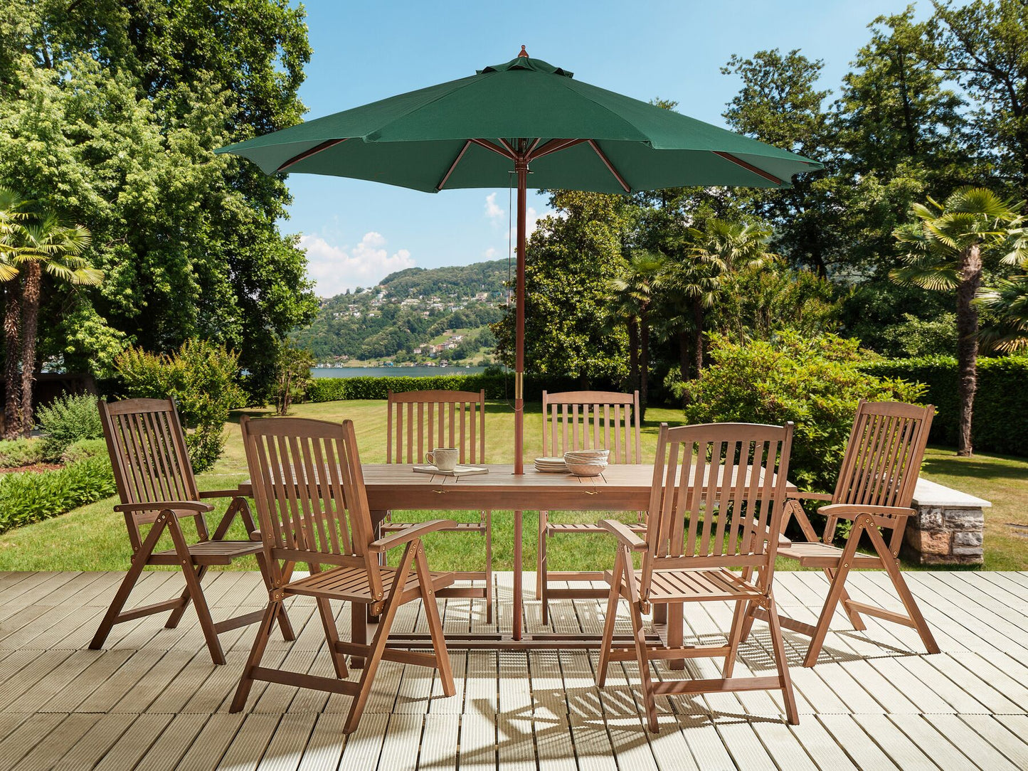 Garden Dining Set 6 Seater AMANTEA with Parasol Acacia Wood Green