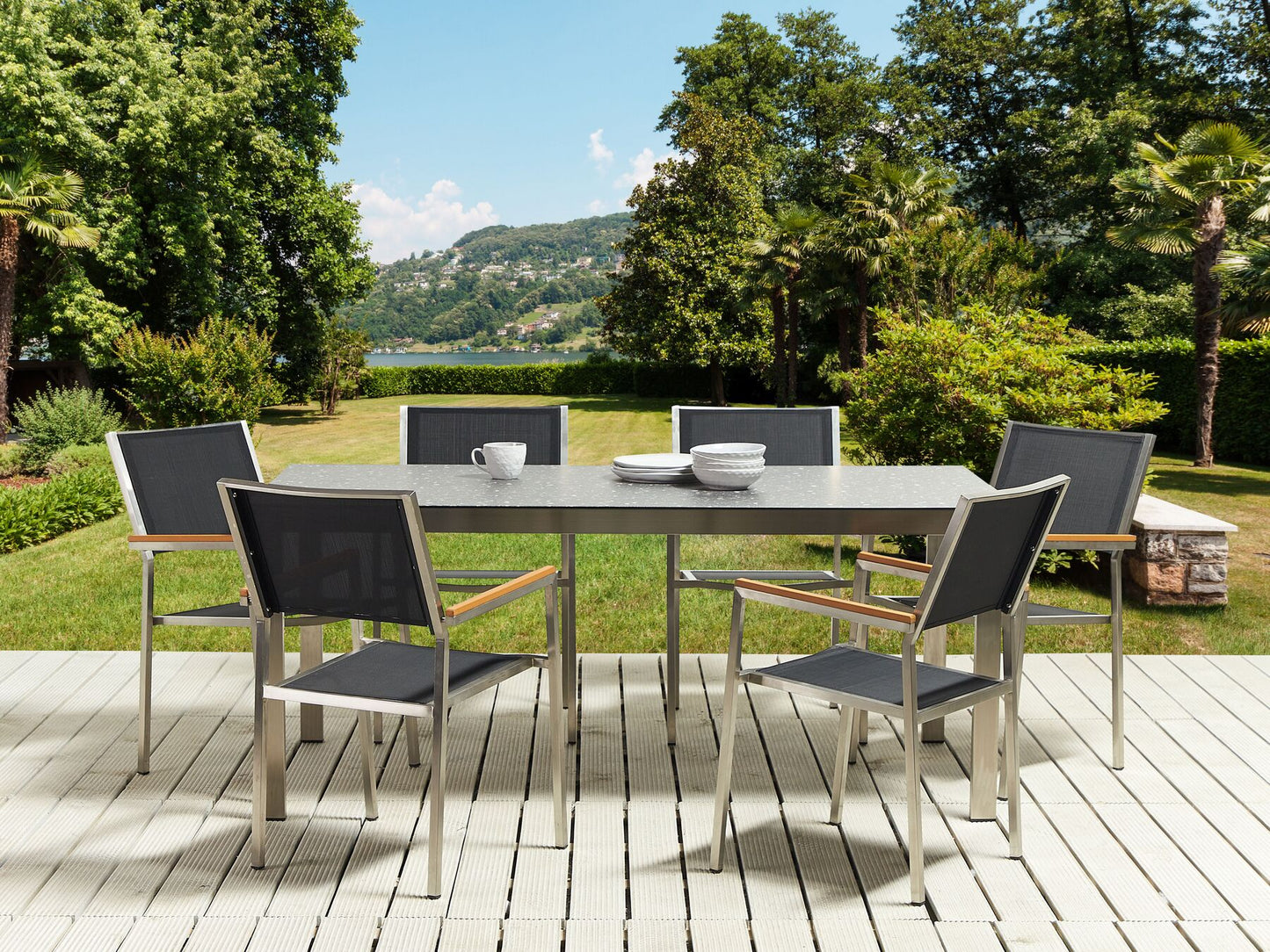 Garden Dining Set 6 Seater COSOLETO/GROSSETO Tempered Glass Granite Effect Black