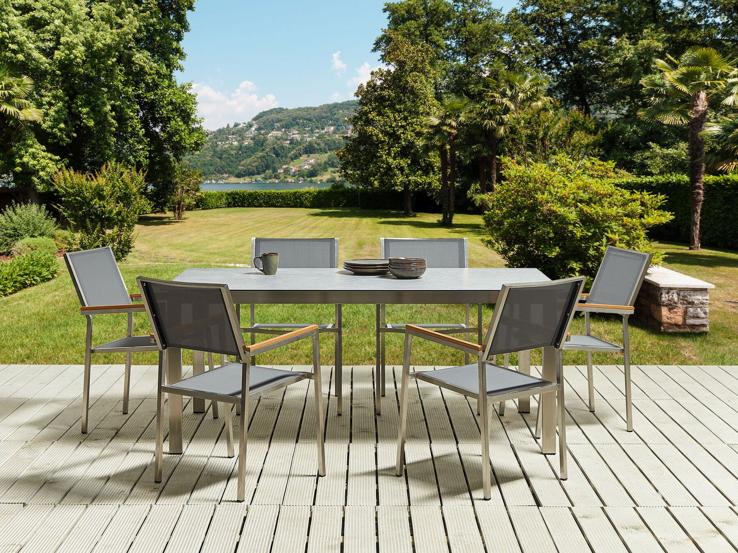 Garden Dining Set 6 Seater COSOLETO/GROSSETO Tempered Glass Marble Effect Grey