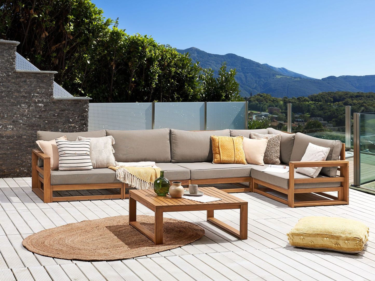 Garden Corner Sofa with Table 5 Seater TIMOR Modular Certified Acacia Wood Light Brown