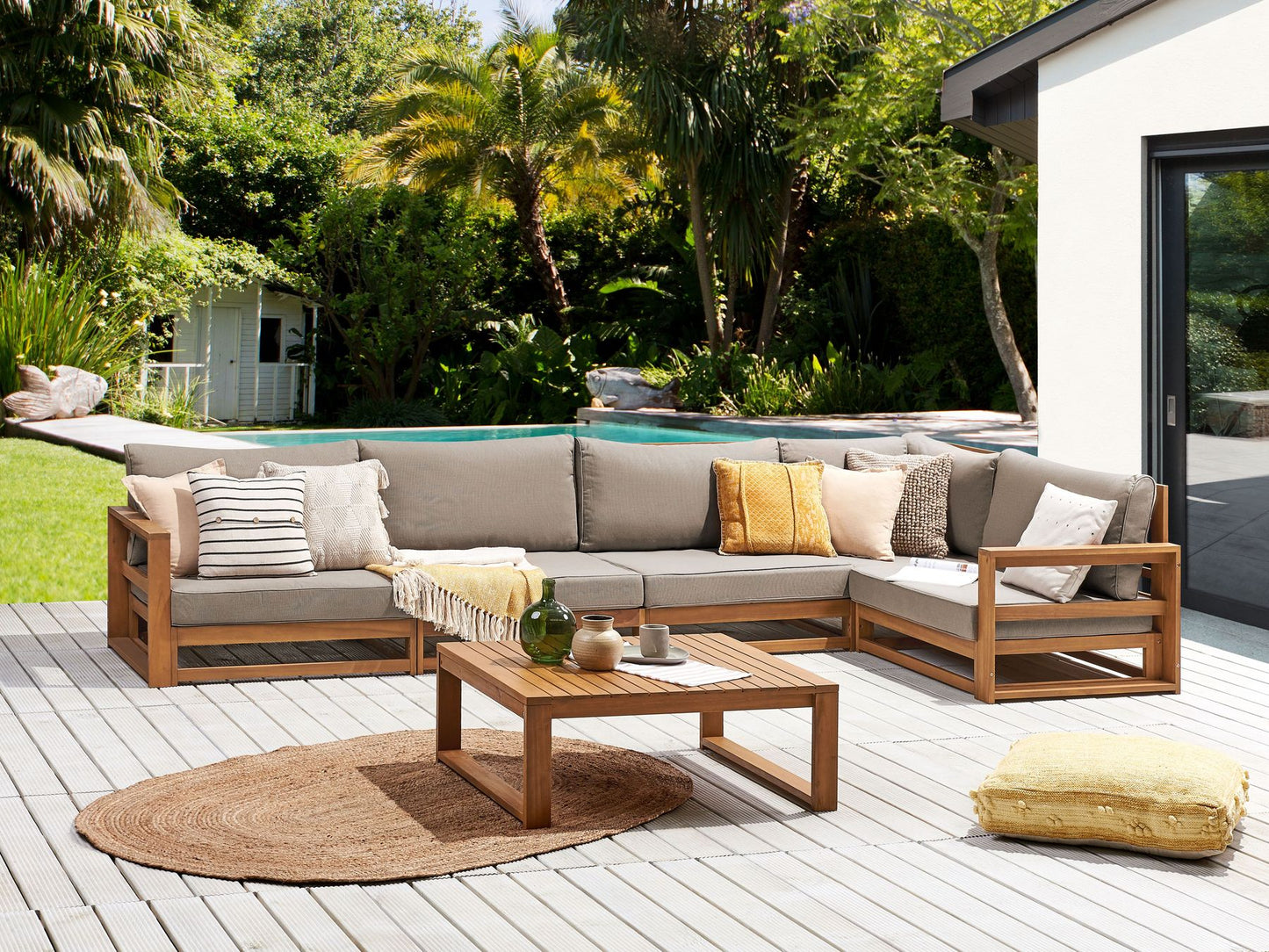 Garden Corner Sofa with Table 5 Seater TIMOR Modular Certified Acacia Wood Light Brown