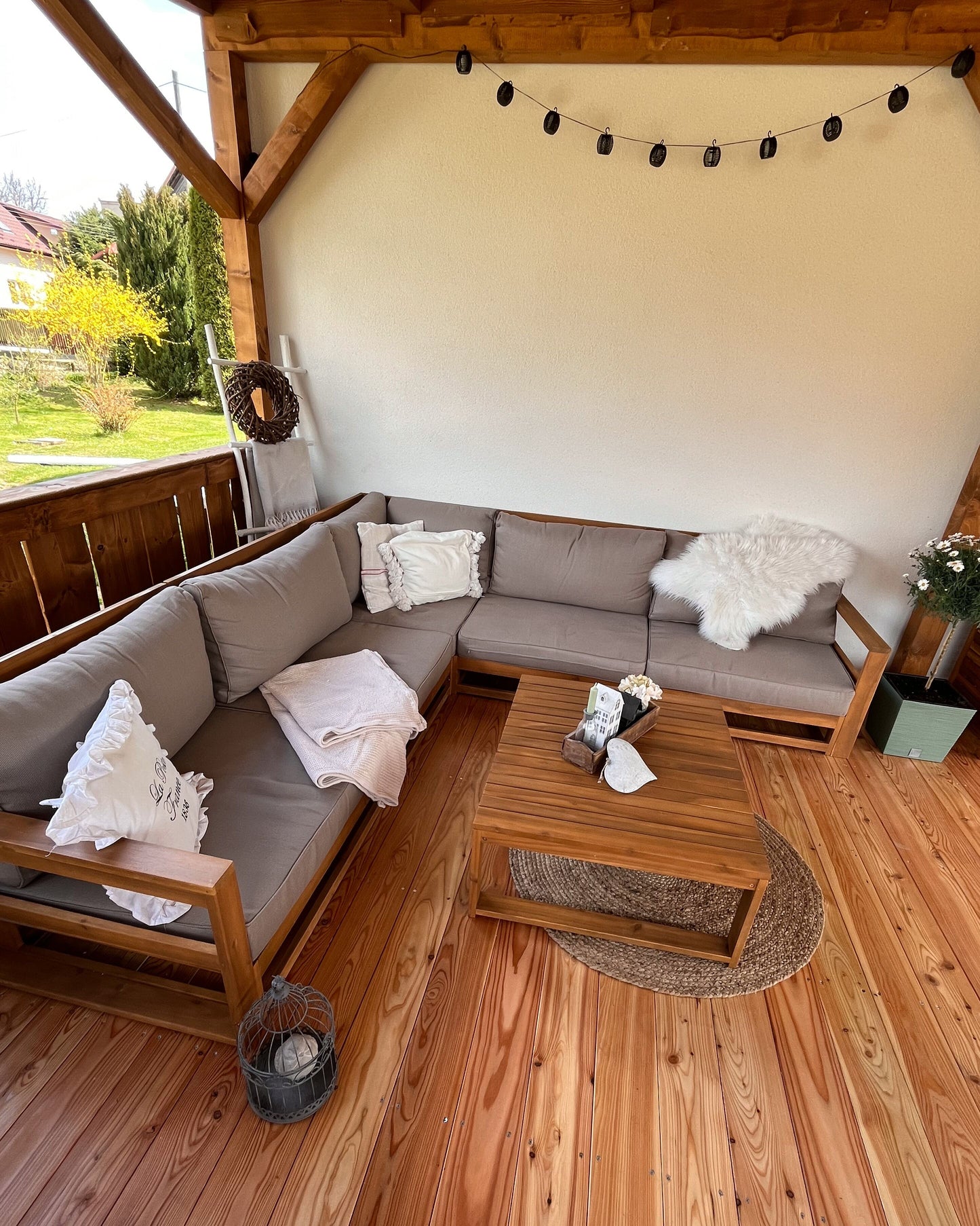 Garden Corner Sofa with Table 5 Seater TIMOR Modular Certified Acacia Wood Light Brown
