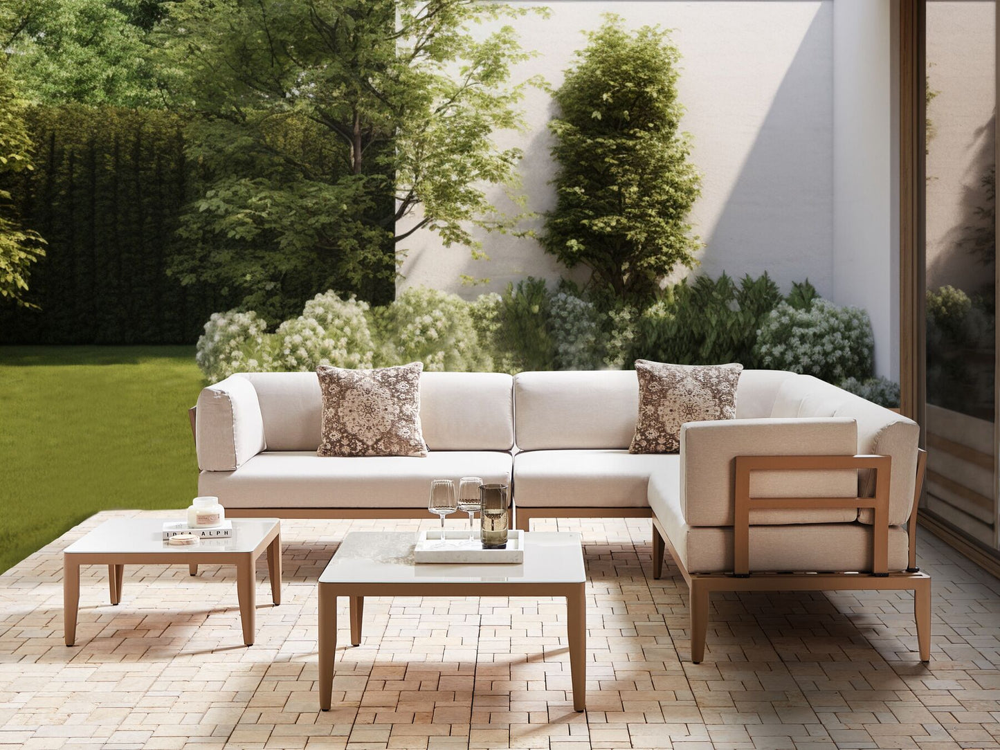 Garden Corner Sofa with Table 6 Seater RIMA III Left Hand Modular Metal Light Beige