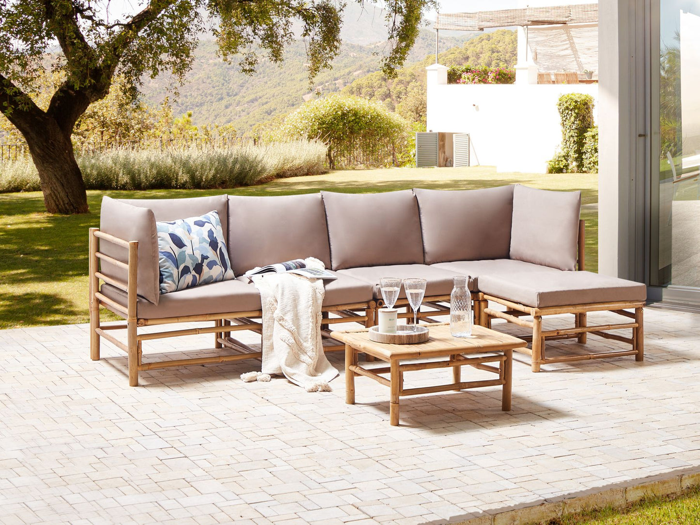 Garden Corner Sofa with Table 5 Seater CERRETO Left Hand Bamboo Wood Taupe
