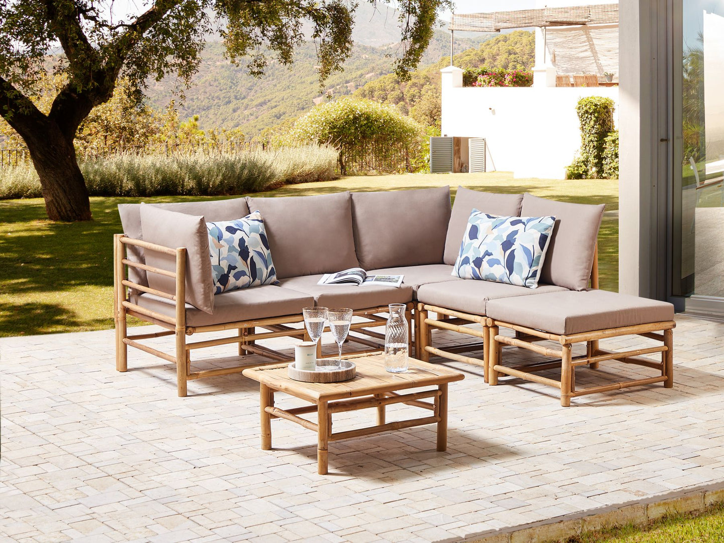 Garden Corner Sofa with Table 5 Seater CERRETO Left Hand Bamboo Wood Taupe