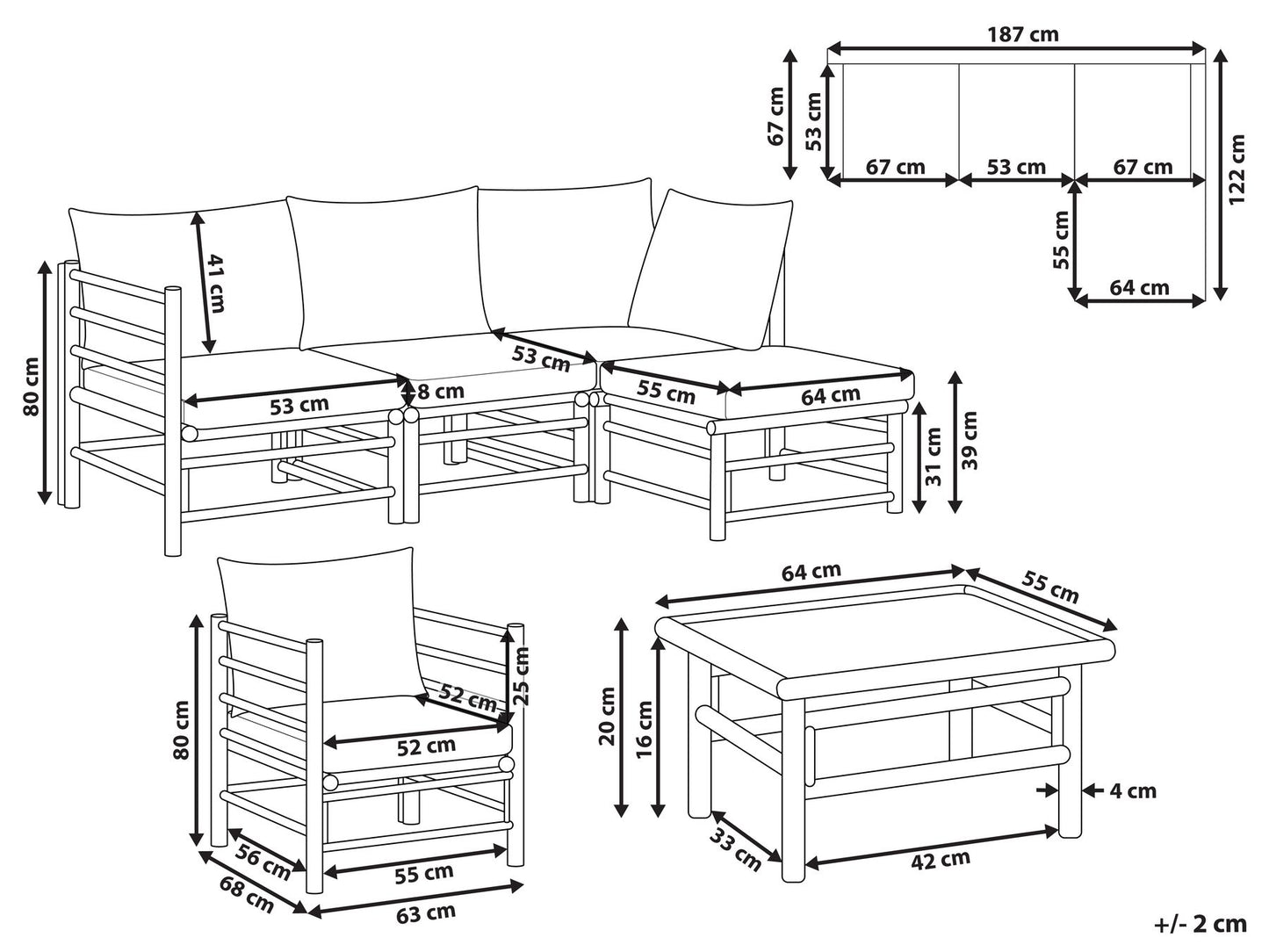 Garden Lounge Set with Table 5 Seater CERRETO Left Hand Bamboo Wood Taupe