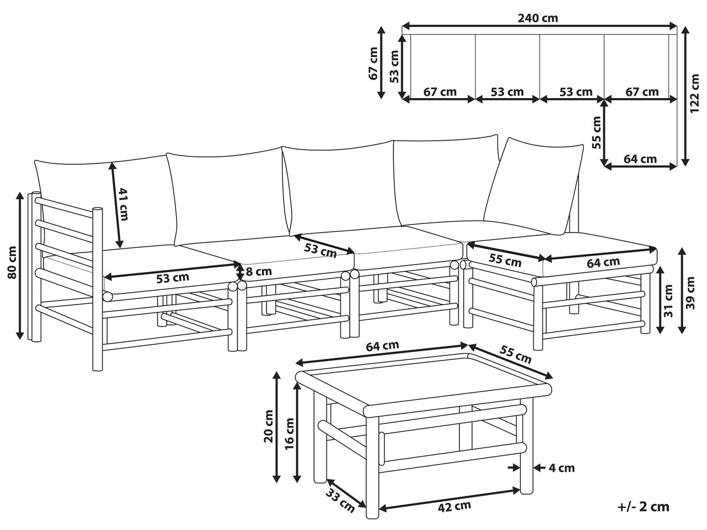 Garden Corner Sofa with Table 5 Seater CERRETO Left Hand Bamboo Wood Taupe