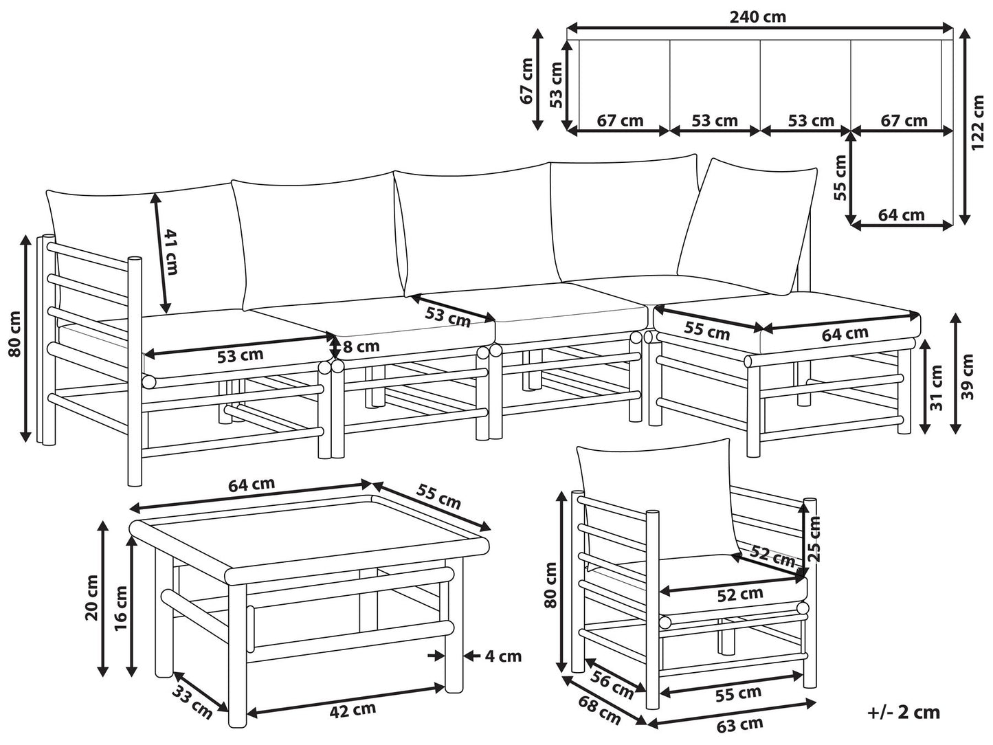 garden lounge set with table 6 seater cerreto left hand bamboo wood taupe