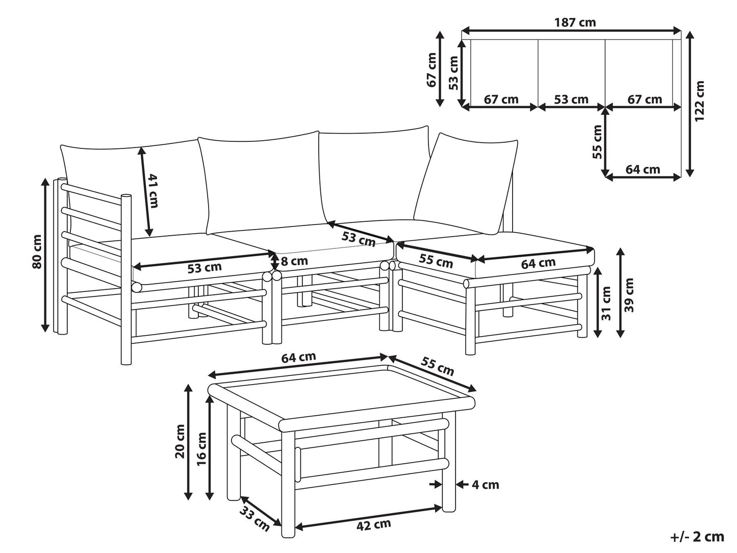 Garden Corner Sofa with Table 4 Seater CERRETO Left Hand Bamboo Wood Off-White