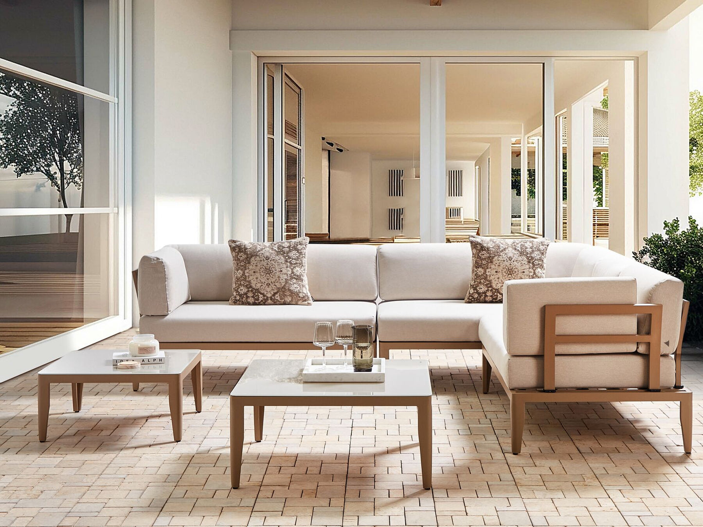Garden Corner Sofa with Table 6 Seater RIMA III Left Hand Modular Metal Light Beige