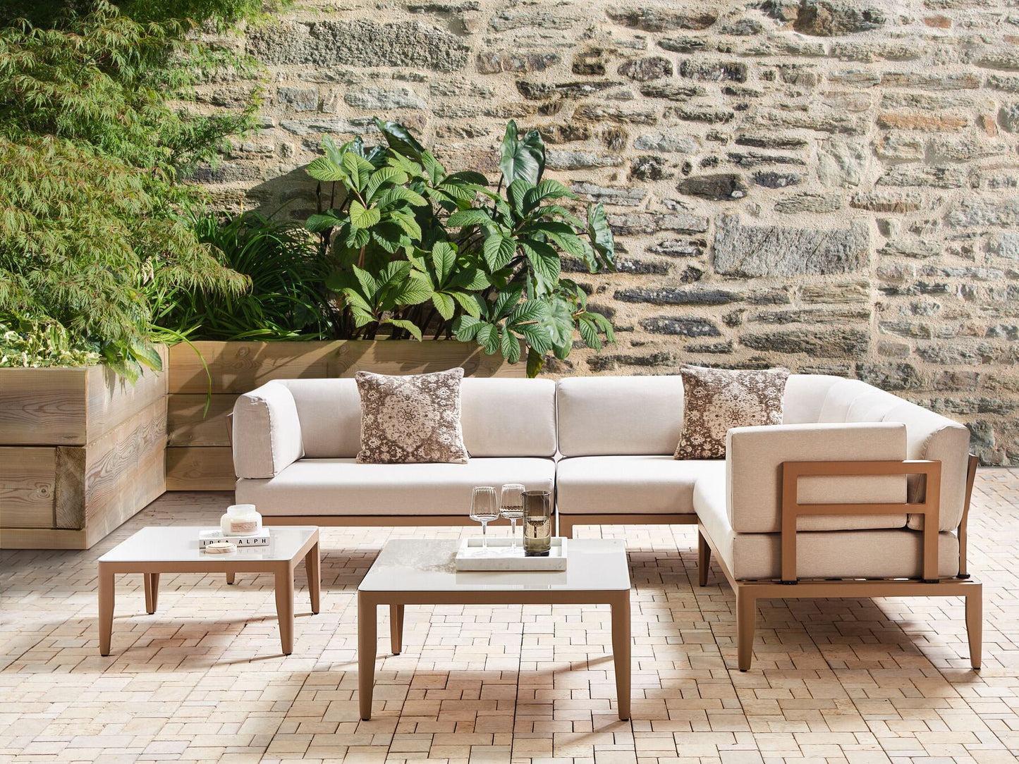 Garden Corner Sofa with Table 6 Seater RIMA III Left Hand Modular Metal Light Beige